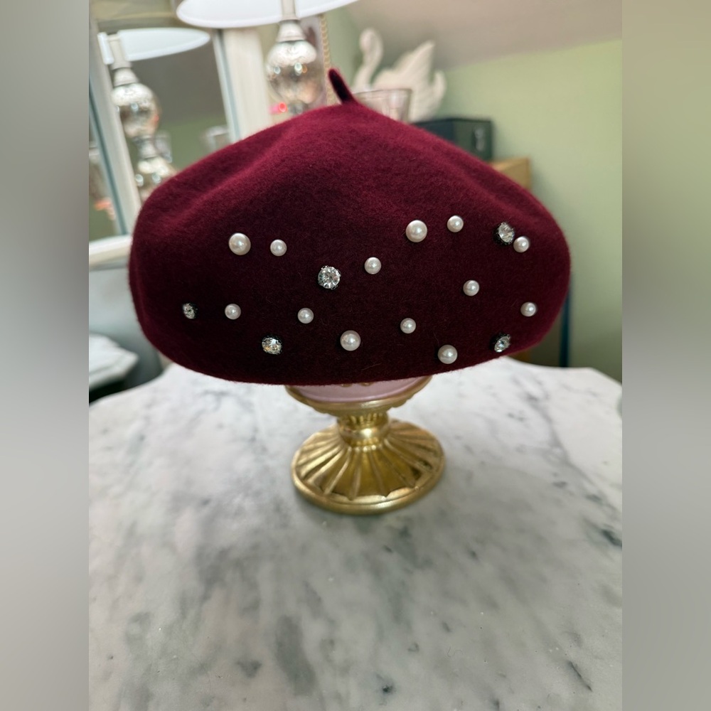 Victoria Leland Pearl & Rhinestone Burgundy Wool Beret NWT